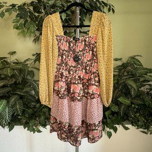 Long Sleeve Tiered Pattern Smock Top Dress